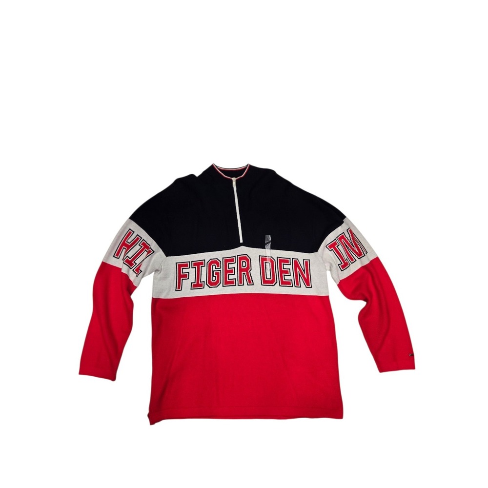 Tommy Hilfiger Denim‎ 1/4 Zip Sweater Mens Large Blue Red Oversized Spell Out